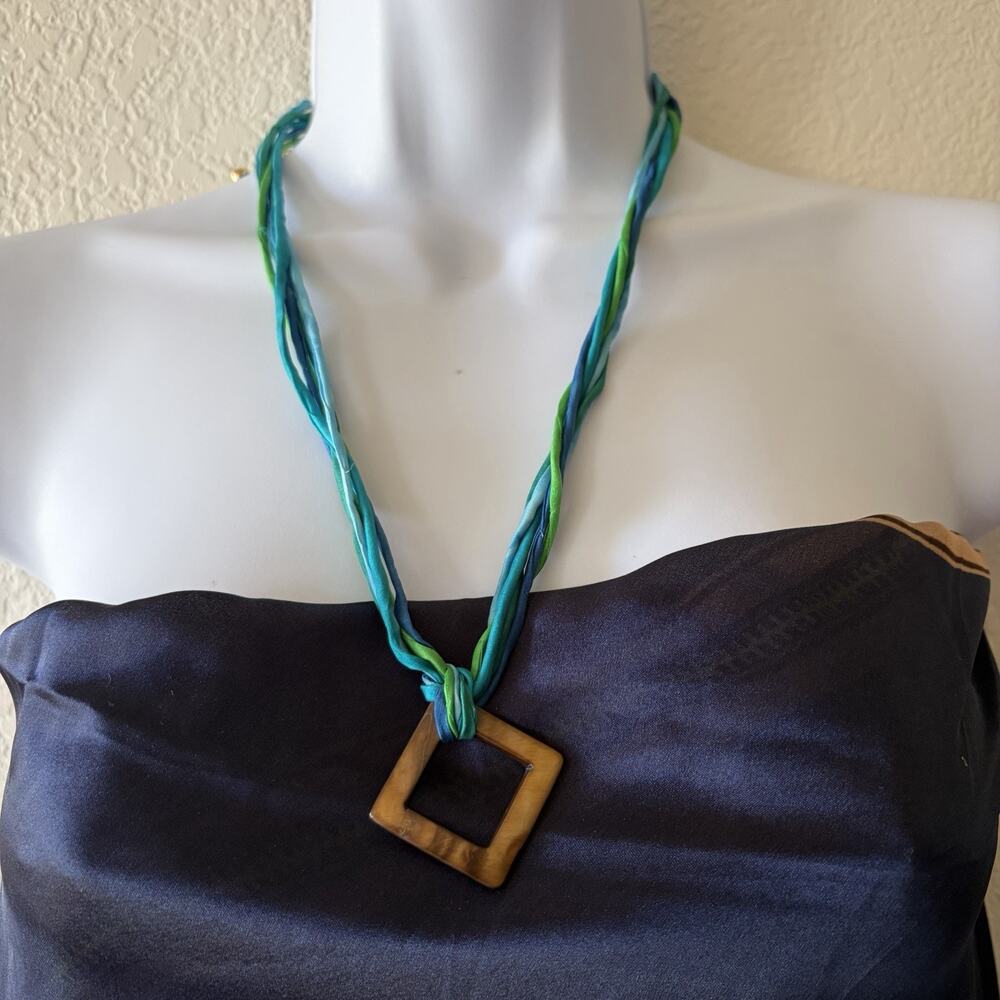 Blue Green Silk Ribbon Cord Necklace Tortoise Shell Square Pendant Boho